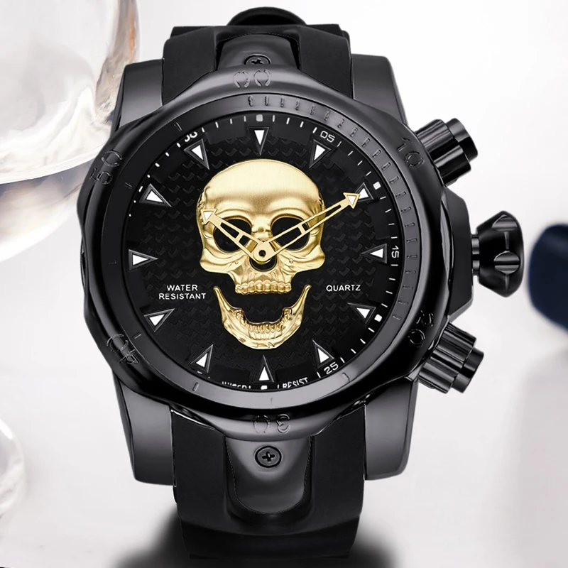 3D Силиконовые часы с черепом крутые персональные золотые кварцевые большим
