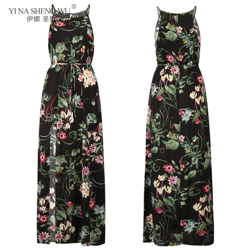 

New Elegant Summer Sexy Suspenders Women's Long Dress Casual Bohemia Flower Print Beach Dresses Fashion Vestidos Dress Plus Size