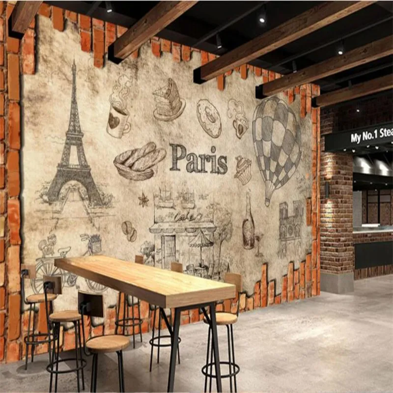 Ретро ручной рисунок Париж воздушный шар кофейный дом кирпичная стена бумага