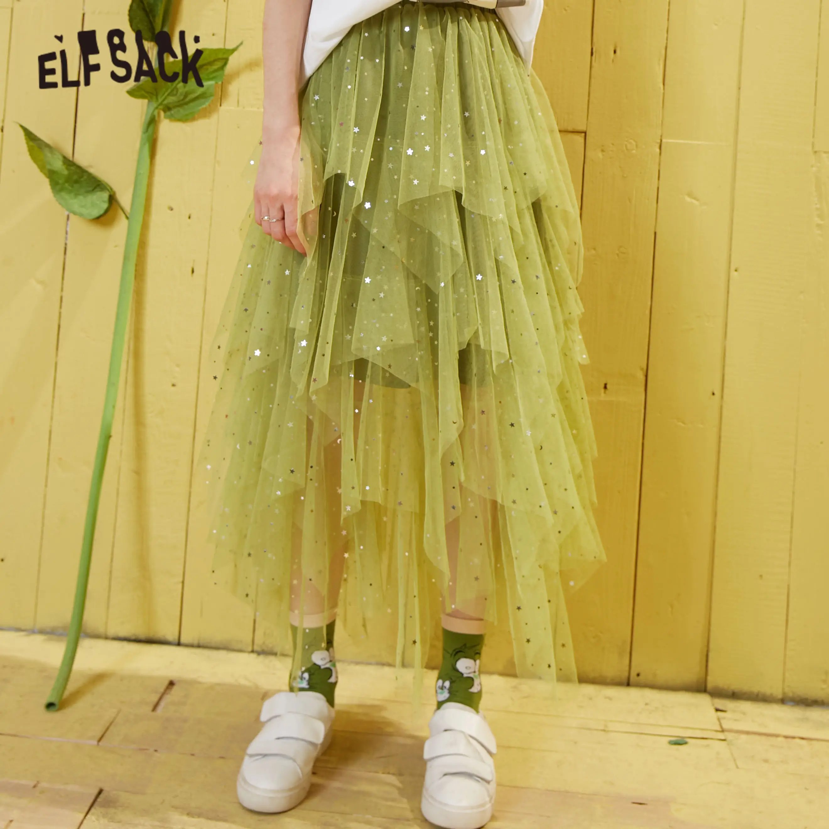 Женская многослойная юбка с блестками ELFSACK зеленая однотонная Повседневная