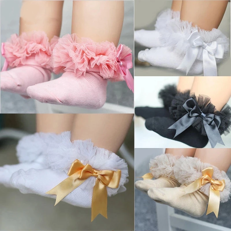 

2021 Brand New Newborn Baby Girls Kids Princess Bowknot Sock Lace Ruffle Frilly Ankle Socks Flower Solid Girls Socks Gifts 0-6T