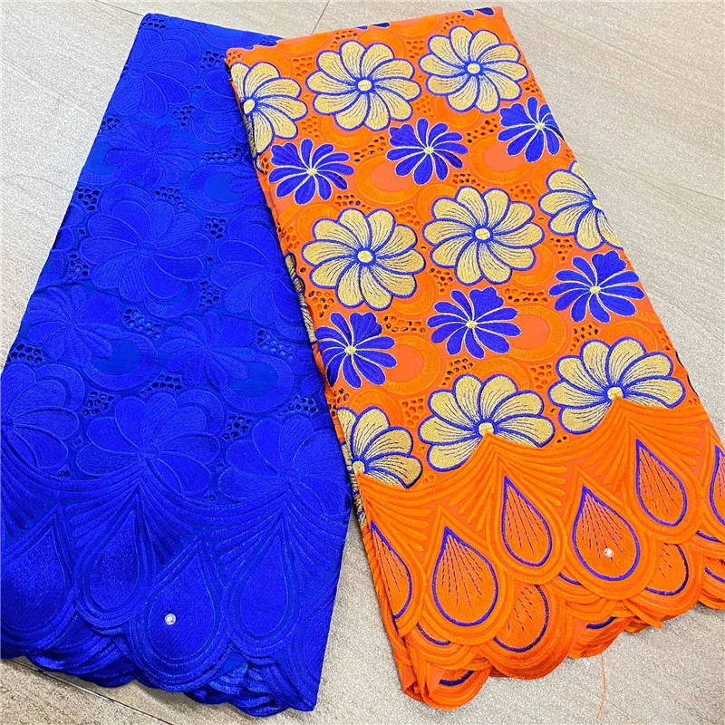 

5 Yard Swiss Fabric Latest Heavy Beaded Embroidery African 100% Cotton Voile Lace Popular Dubai Style For wedding Party HL