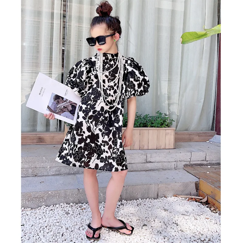 

Girls' cheongsam mid-length 2021 summer new mid-and-big children's dress with puff sleeves