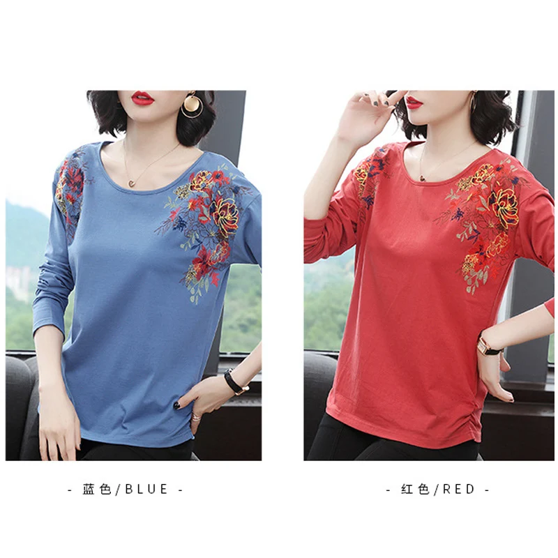 Mon Flower Embroidery Long Sleeve Tshirt Women O-Neck Fashion Clothes Female Folds Tee Shirts Casual | Женская одежда