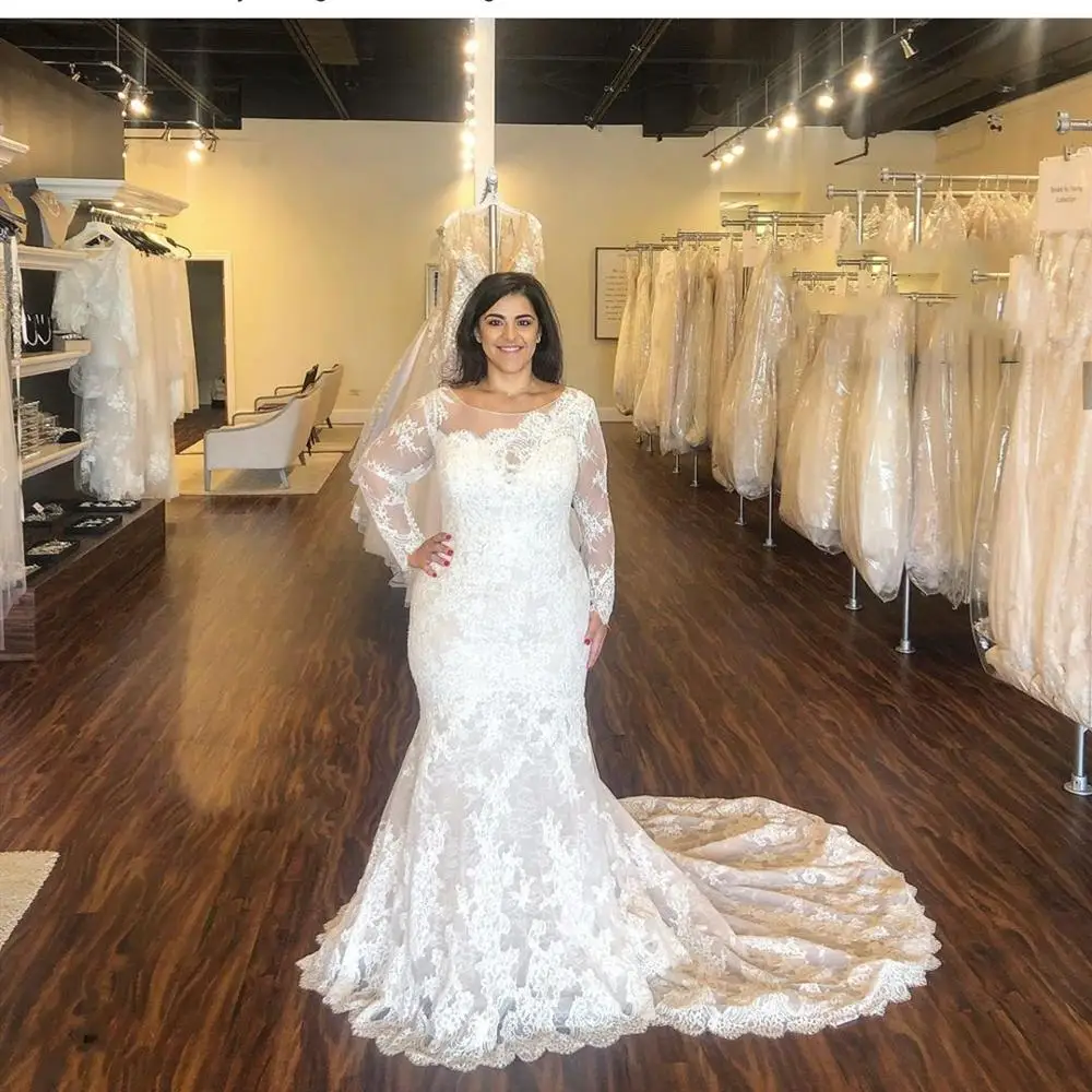 2020 размера плюс свадебное платье Русалка для невесты длинный рукав кружева