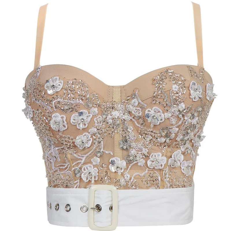 Summer 2021 Lace Cropped Tops Women Buster Beading Sequins Push Up Night Club Bralette Bra Vest Plus Size Cami Female Clothes