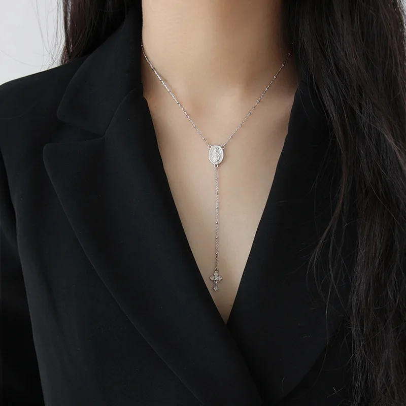 

Novel S925 pure silver Virgin Mary coin choker necklaces,beads chain Jesus cross Pendant necklace for women,party Anniversary