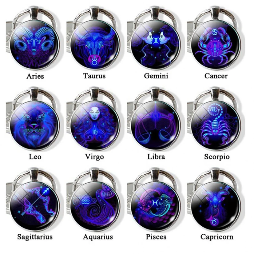 

25mm Twelve Constellations Keychain Women And Men Round Glass Pendant Key Holder For Keys Exquisite Souvenir Men Gift New