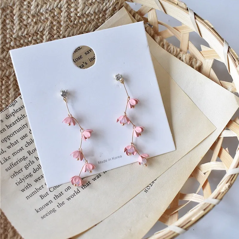 Женские Висячие серьги с розовыми цветочками серебро 925 пробы маленькие капли