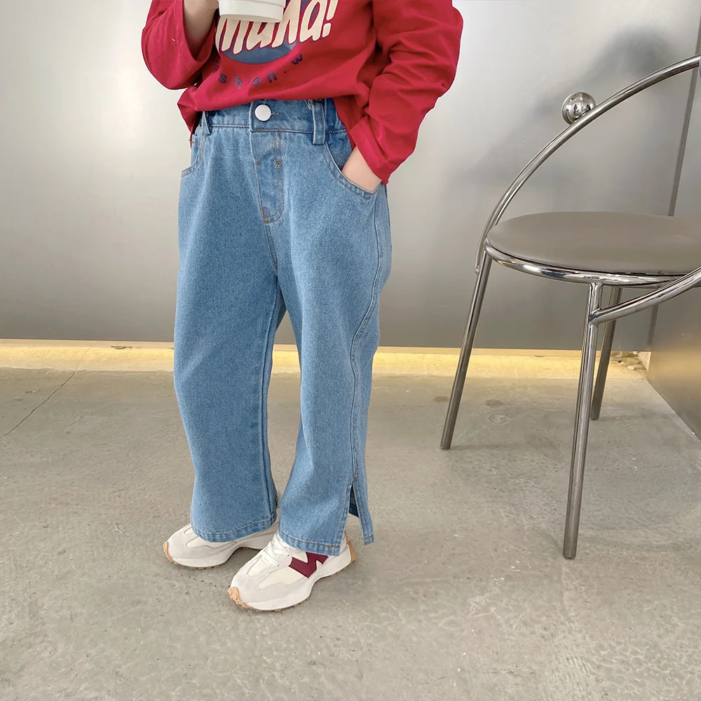 

Girls 2022 spring Split denim straight pants Korean style baby children loose casual jeans 2-7Y