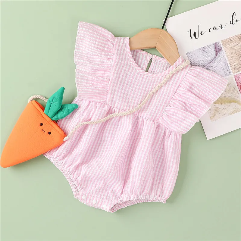 

Clothing Baby Girl Bodysuit For Newborns Striped Short Romper with Ruffles Sleeveless O-neck High Waist For Summer 2021