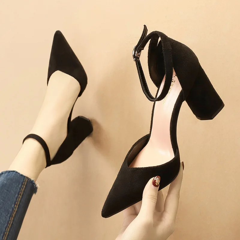 

women sandals Flock Buckle Strap 8CM Thick heel High heels Pointed Toe Shallow women shoes sandalias mujer 2020 size 35-42