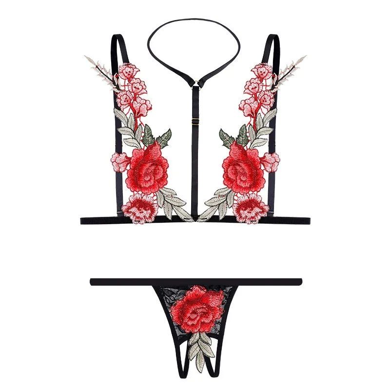 

Rose Embroidery Three-point Split Suit Sexy Temptation Split Sexy Lingerie