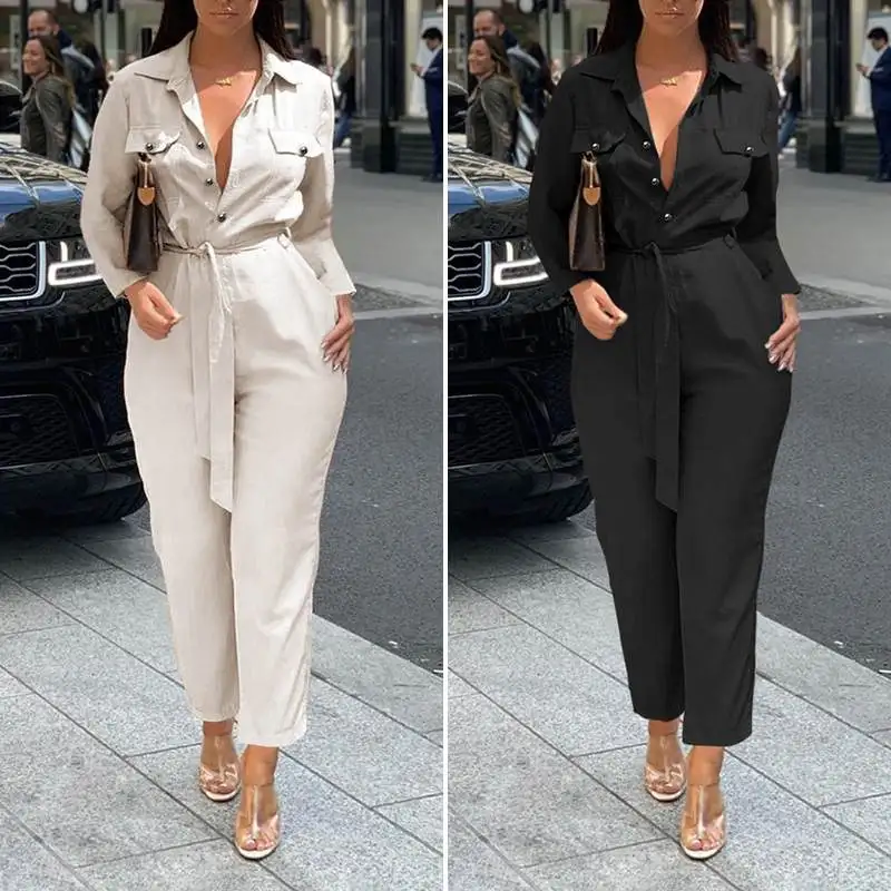 

Celmia Fashion Long Sleeve Cargo Jumpsuits Women Sexy Lepel Solid Work Jumpsuit 2021 Spring Belted Pockets Buttons Trousers 5XL