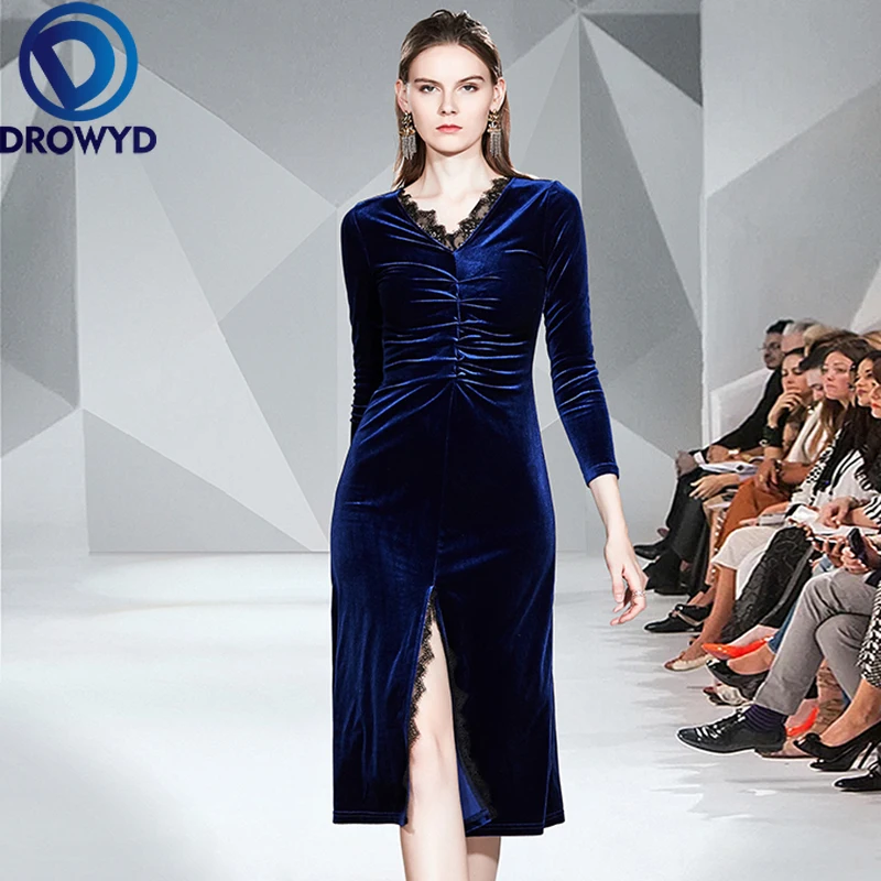 

DROWYD Snordic Blue Velvet Midi Dress Queen Casual Women Fashion Girl Boho Long Sleeve V-neck Split Dresses 2019 New Vestidos