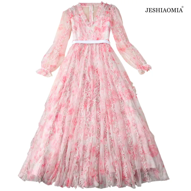 

JESHIAOMIA- 2021 Spring V neck floral print ruffle mesh dress