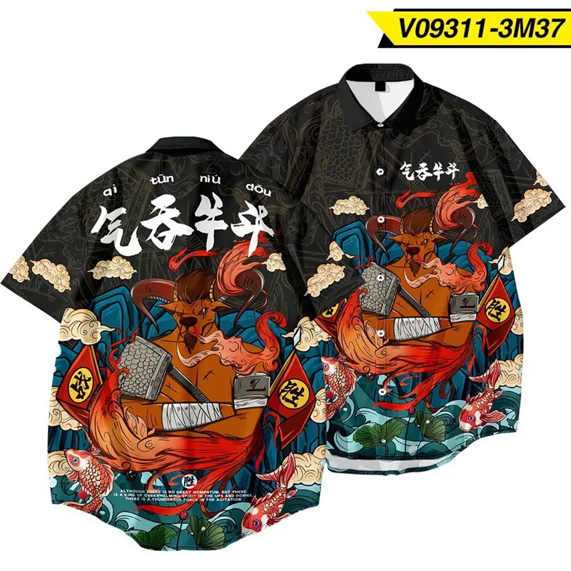 

New Arrival Bull Samurai Printed Men Short Sleeve Hawaiian Streetwear Male Blouses Tops Japanese Beach Shirts Oversize 6XL