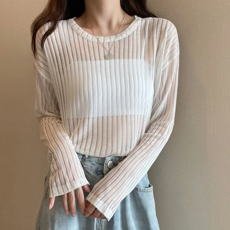 

Summer Sunscreen Women Knitted T-Shirt Loose Round Neck Pullover Female Long Sleeve Thin Tops