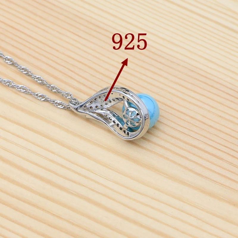 

925 Sterling Silver Bridal Jewelry Set Blue Pearl Earrings Ring Pendant Chain Bracelet Party Accessories for Women