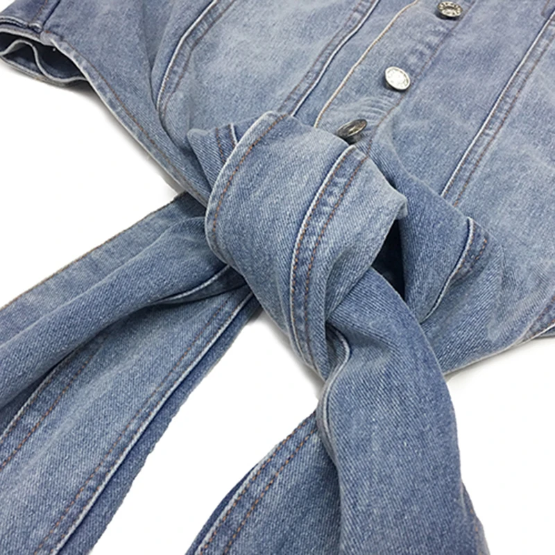 

GALCAUR Cross Bandage Denim Coat For Women Lapel Long Sleeve Patchwork Pockets Streetwear Blue Jackets Female 2020 New Clothing