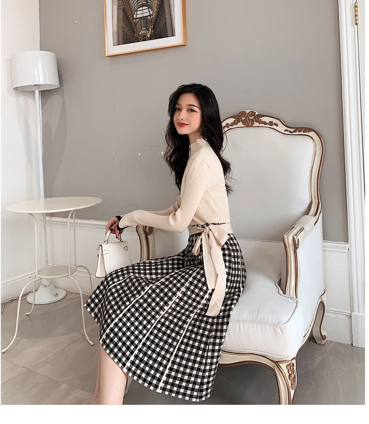 Elegant Splice Plaid With Belt Knitted Dress Women 2020 Spring Long Sleeve Casual Mid Dresses D9N710M | Женская одежда