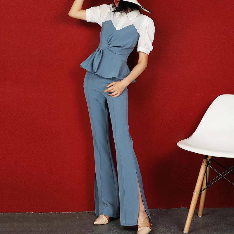 

2020 Summer Women Two Piece Set Lapel Collar Puff Short Sleeve Tunic Hit Color Top High Waist Flare Pants Suit Female