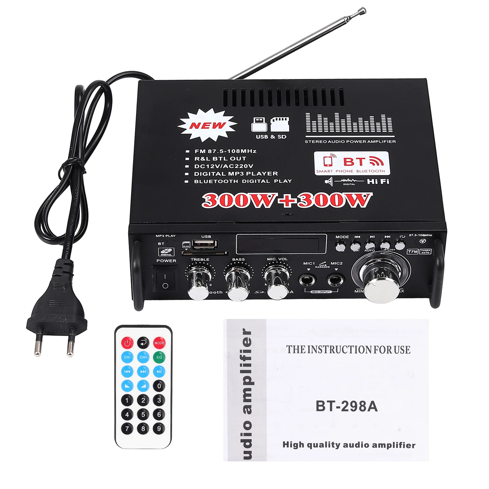 ESYNiC 600 Вт Bluetooth стерео усилитель звука для автомобиля дома HiFi Музыка SD FM 300 +