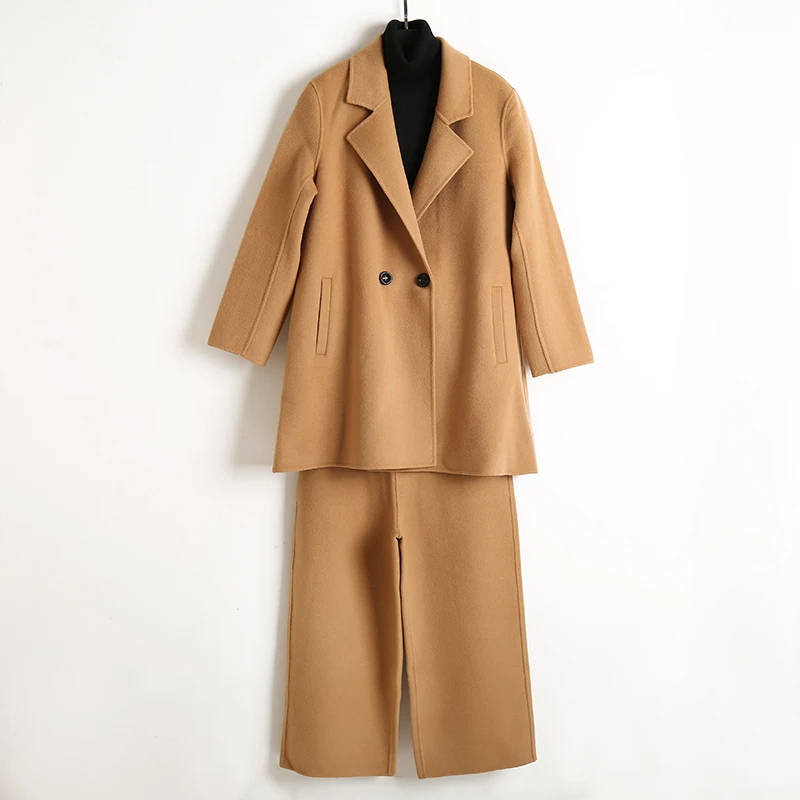 autumn and winter coat pants two sets of women cashmere short coat fashion sexy red cashmere party women's clothing