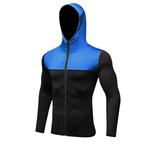 Black Blue-9003 Мужская осенняя и зимняя спортивная одежда для фитнеса и бега, тренировочная одежда на молнии, Повседневная Толстовка с капюшоном, ветрозащитное быстросохнущее пальто для мужчин - Цвет: Black Blue-9003