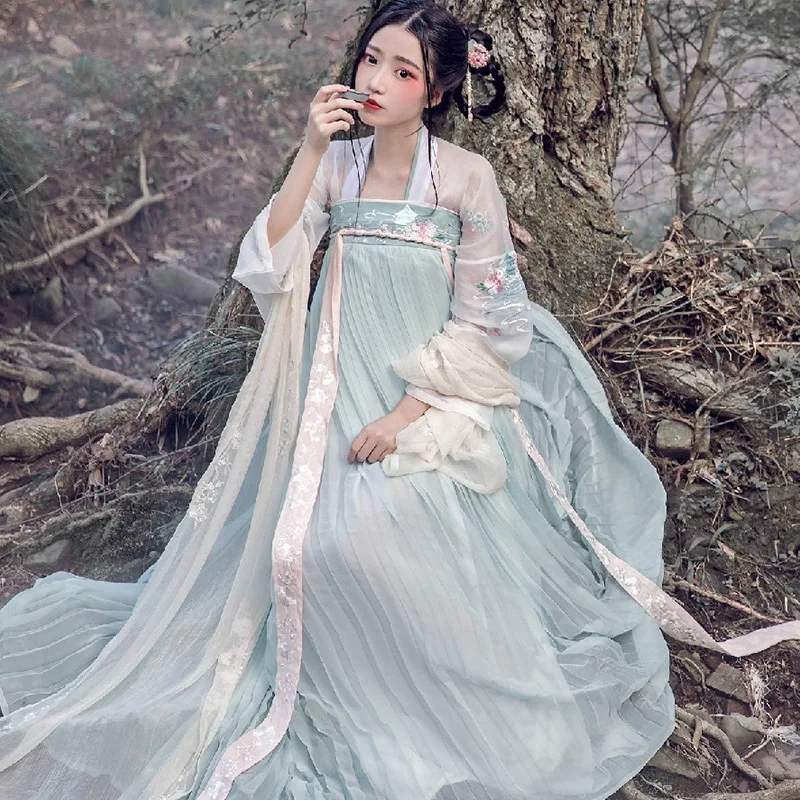 Традиционный Женский костюм Hanfu с зелеными цветами Прозрачный Anicient Tang длинным