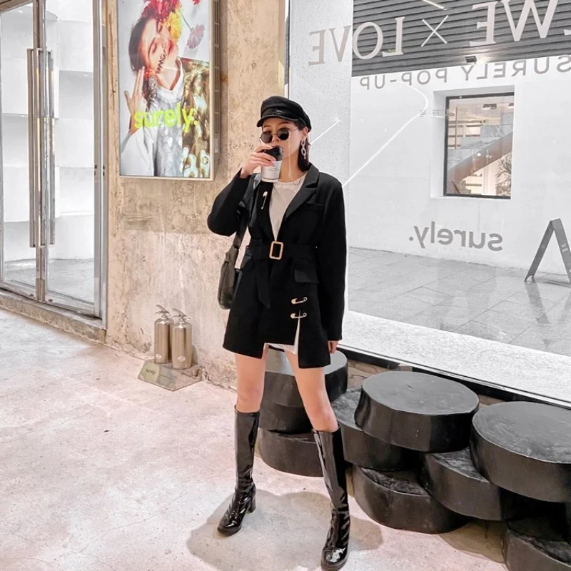 Женский дизайнерский черный брикет элегантный пиджак на одной пуговице в