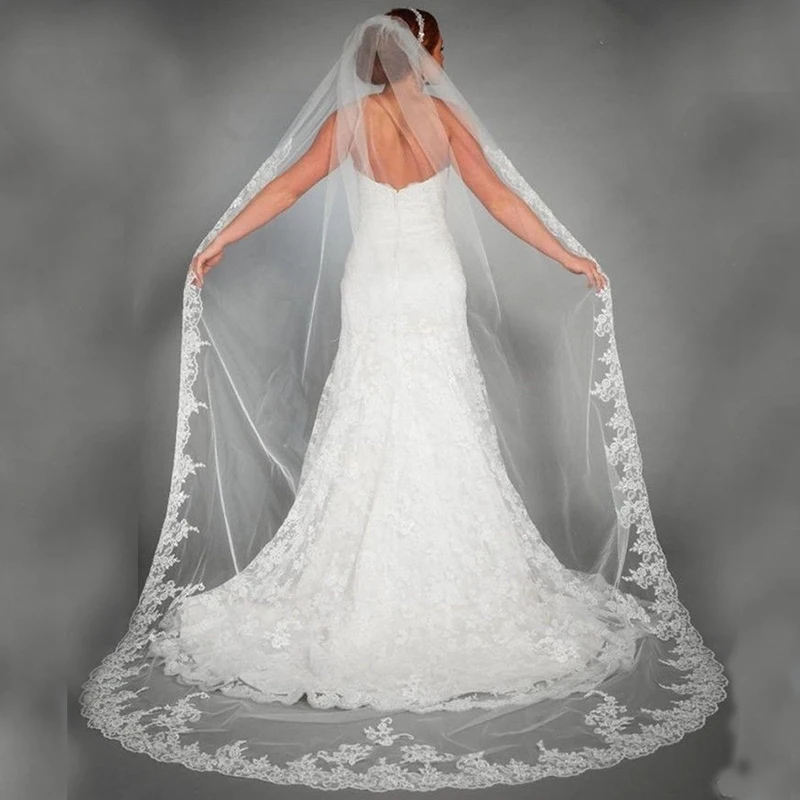 Elegant Wedding Accessories Appliques Tulle Long Cathedral Wedding Veils Lace Edge 1T Bridal Veils 3 Meters Veu De Noiva Longo