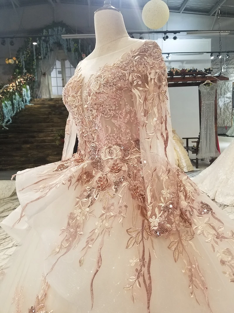 

BGW HT33014 Color Flowers Beautiful Dress Quick Shipping From China Long Sleeve O-neck Lace Up Illusion Back Cheap Evening Dress