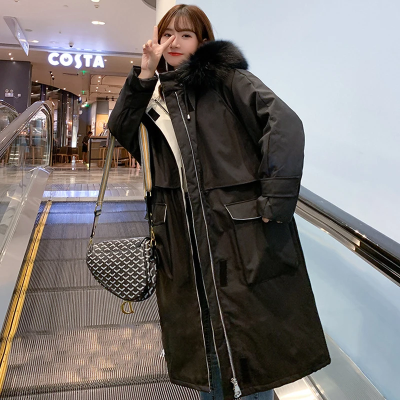 Женская тонкая Длинная зимняя куртка свободная парка с капюшоном и меховым