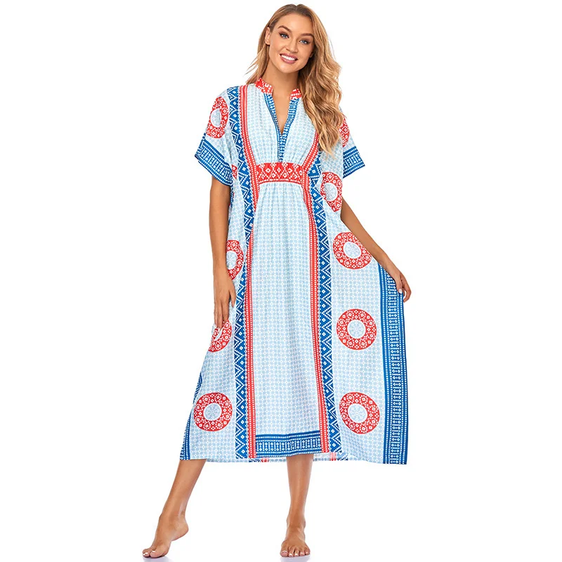 

New Positioning Printing Robe Beach Skirt Loose Size Long Skirt Bikini Blouse Sunscreen Shirt Women's Long Skirt