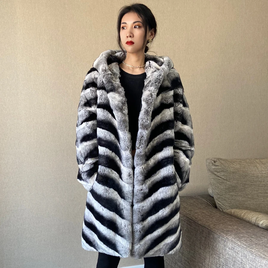 

Женское длинное пальто с капюшоном, зимнее пальто из натурального меха кролика рекс