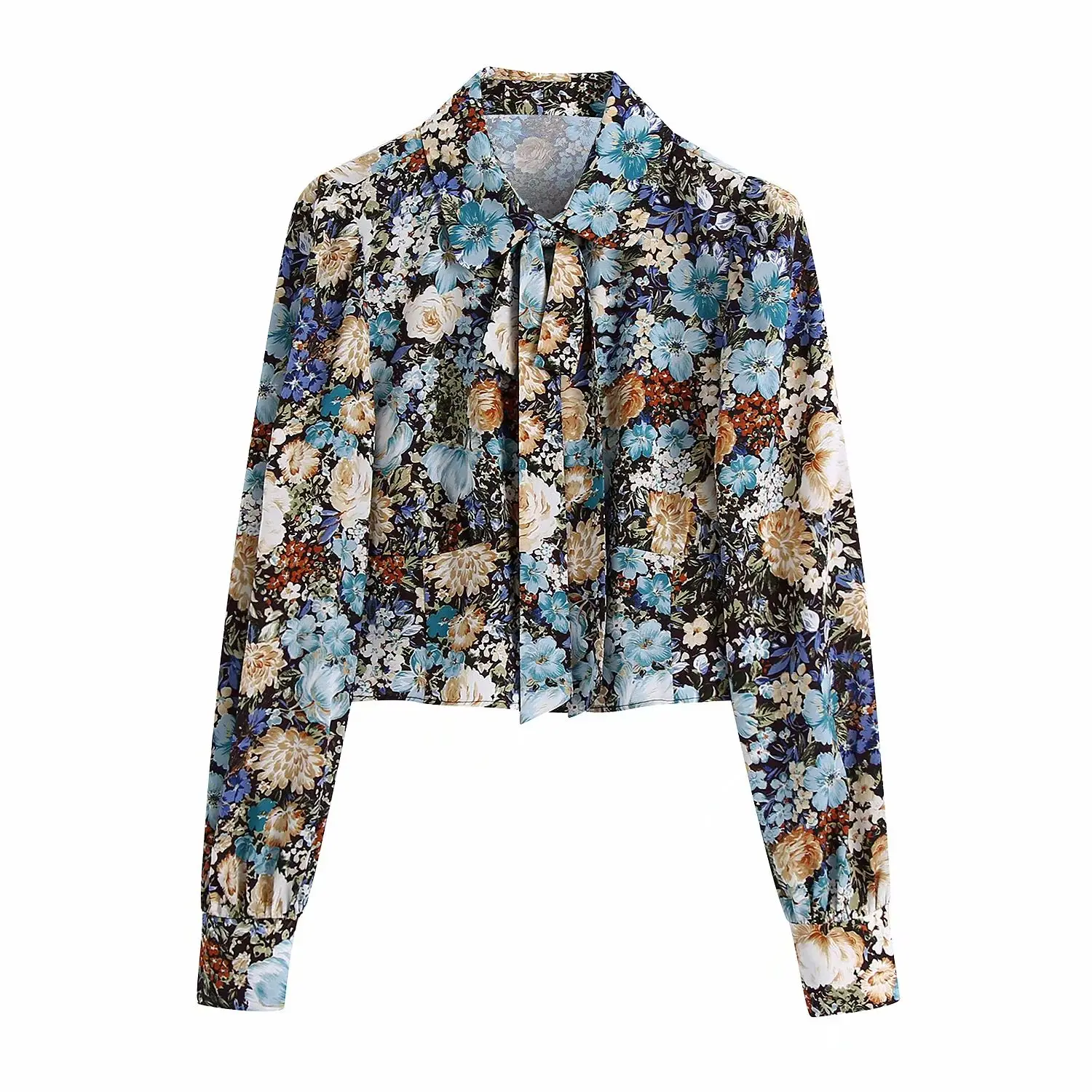 

2021 New Women Floral Printed Blouse tops Long Sleeves Collared Casual Fashion Vintage Chic Cropped Woman Blouse Shirt