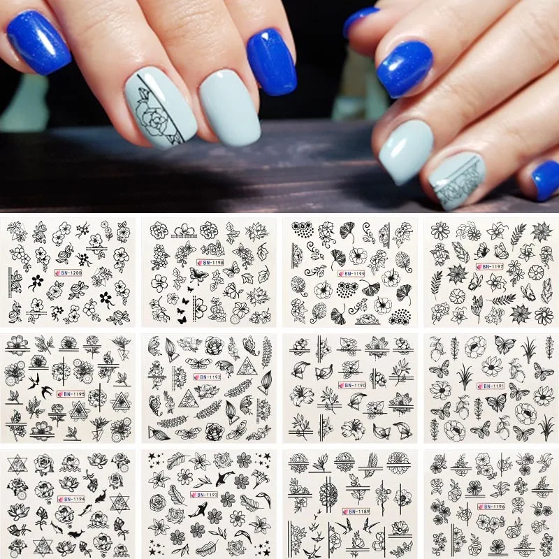 12 шт./компл. наклейки для ногтей с черными цветочными бабочками полый дизайн