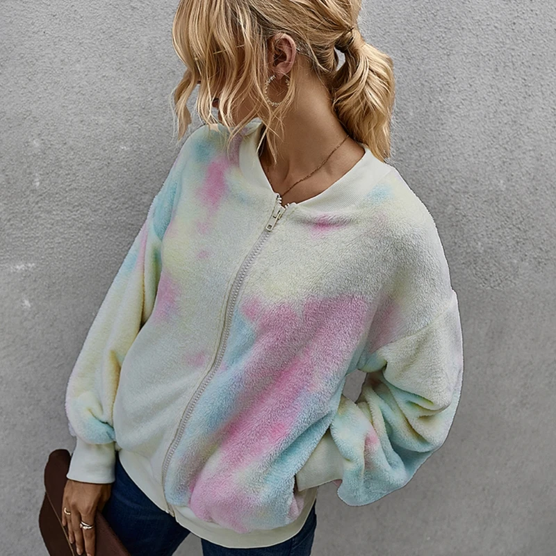 

Women Tie Dye Print Faux Fur Coat Outwear Casual Winter Warm Jacket Long Sleeve Zipper Tops