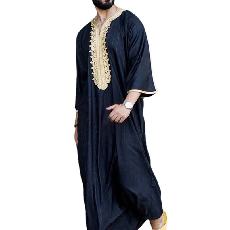 Мусульманская Мужская Jubba Thobe с длинным рукавом мусульманская одежда вышивкой