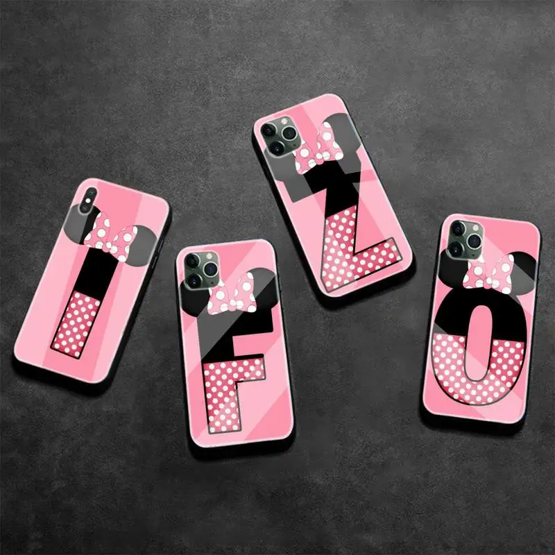 

Cartoon Mouse Bow 26 Letters DIY Printing Tempered Glass For Iphone6plus 6S 7 7plus 8 X XS XSmax XR 11 12 Pro Max 12mini