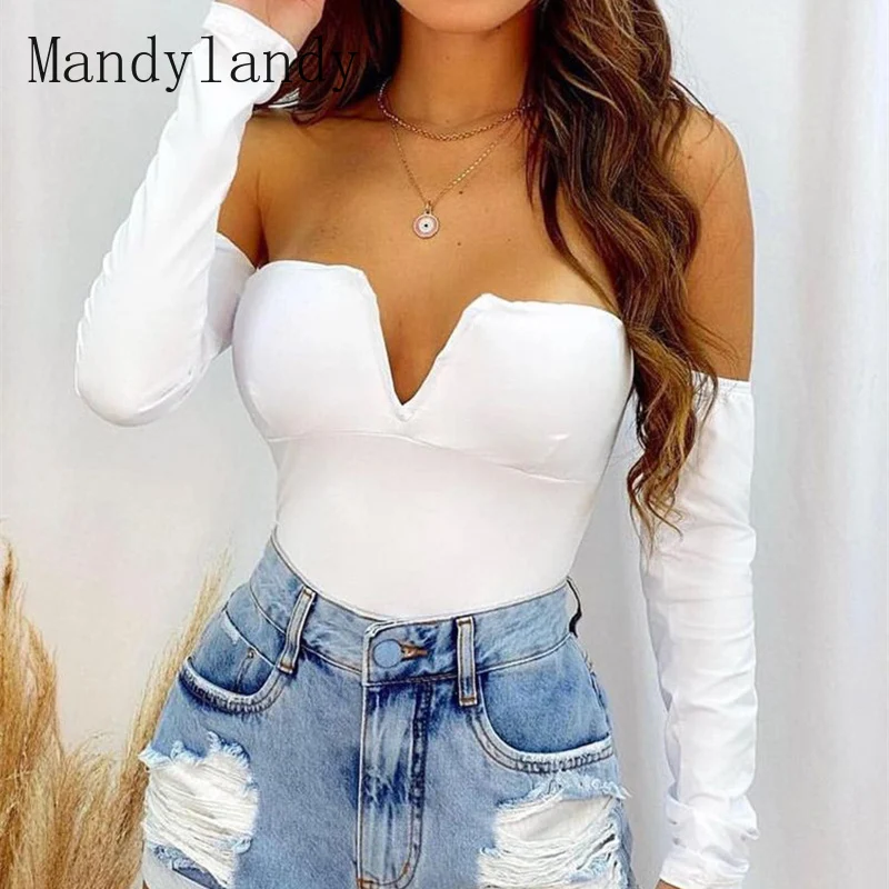 

Mandylandy Women Elegant Skinny Bodysuit Top Ladies Sexy Long Sleeve V Neck Off Shoulder Corset Slim Fit T-shirt