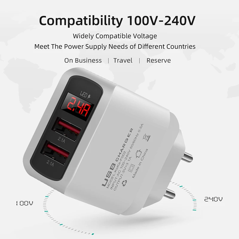 

3.1A Universal USB Charger With LED Display Mobile Phone Wall Power Adapter USB A Charging Adapter For Samsung iphone 12pro