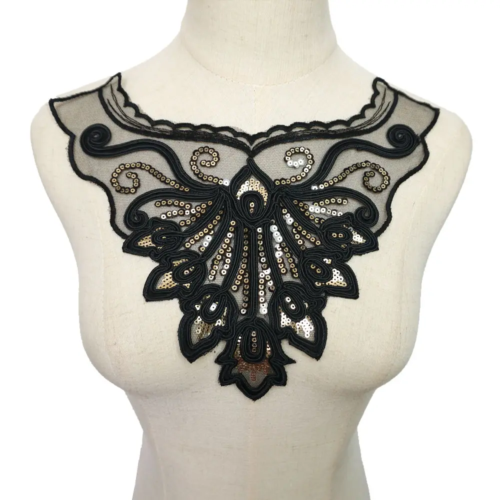 Вышитый кружевной воротник из черной ткани с блестками | Дом и сад