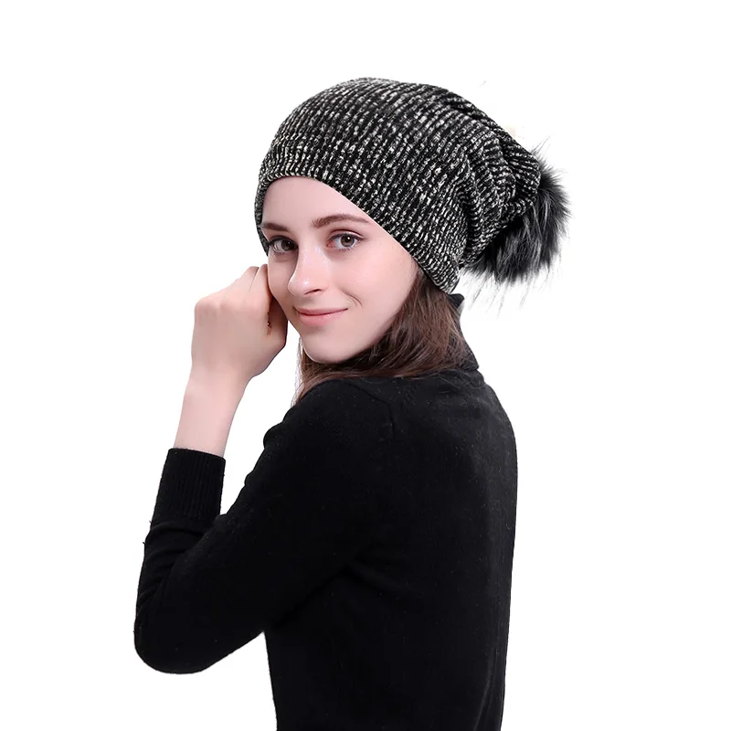 

Warm Winter Beanie Unisex Men Women Skull Cap Soft Baggy Knitted Female Slouchy Winter Hat with 15cm Faux Fur Pompom