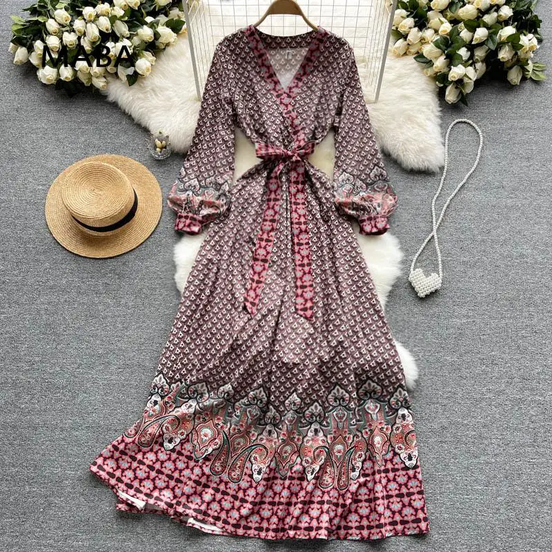 

2021 Autumn Women Maxi Dress V-neck Long Sleeve High Waist Vintage Print Party Ankle Length Dress Plus Size Boho Dress Robe
