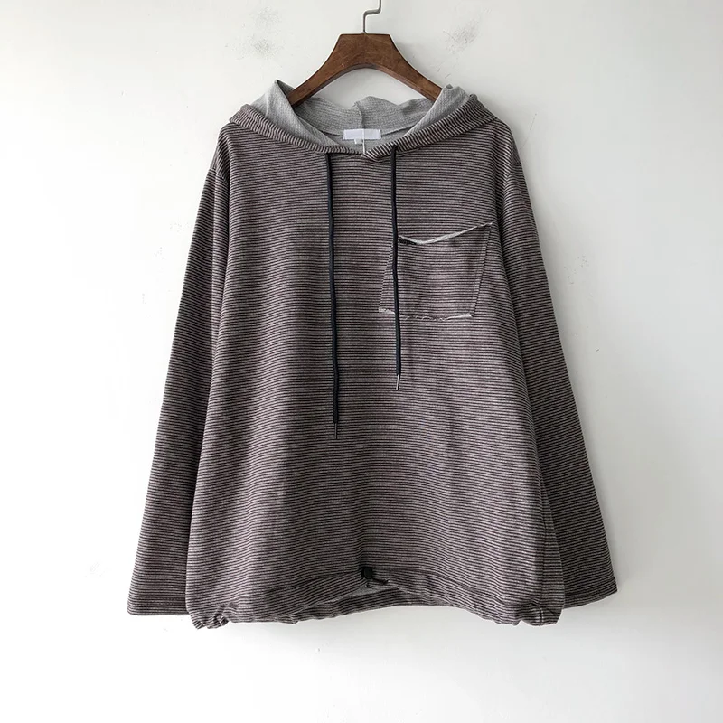 Autumn Casual Women Stripe Shirt Cotton Hooded Long Sleeve Spring Thin Pockets Loose Female Fashion Blouse YoYiKamomo