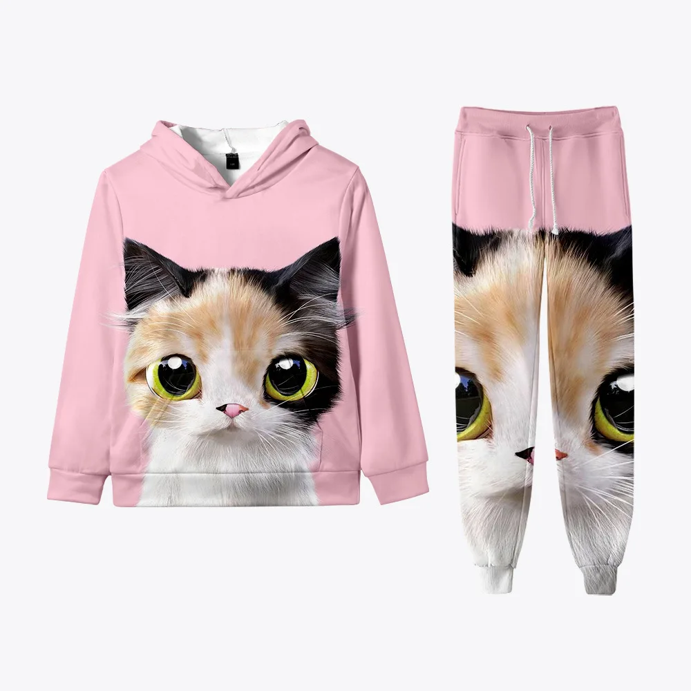 

Пуловер с капюшоном, свитер, комплект с милым котом с 3D принтом, осенне-зимняя обувь, брюки, свитер с капюшоном, модный тонкий флис