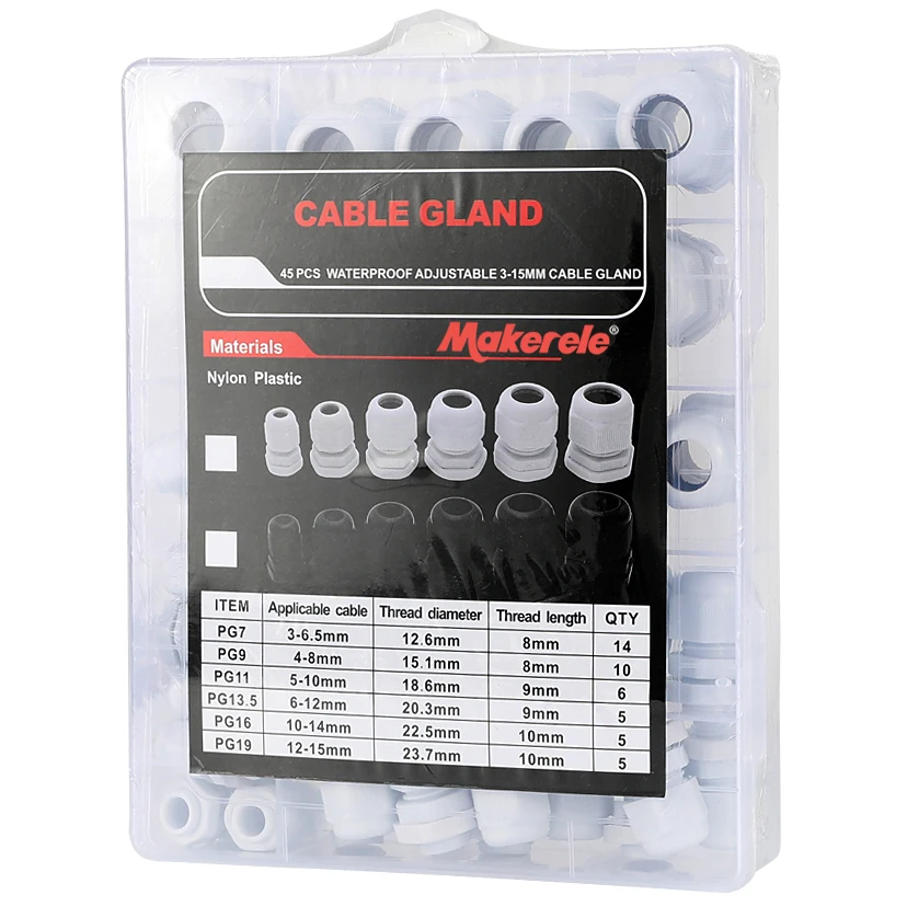 Cable Gland 45 Pcs Kit Plastic Waterproof Adjustable 3-15mm PG7 PG9 PG11 PG13.5 PG16 PG19 Cable Glands Joints Black & White