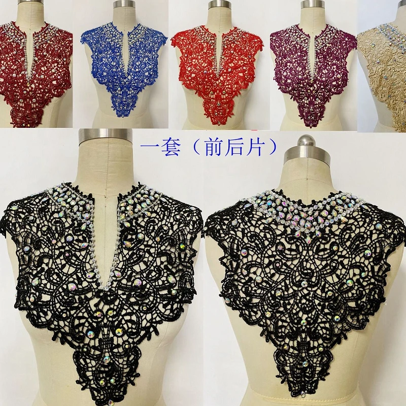 

1Set Handmade Rhinestones Pearl Lace Trim Patches Applique for Clothes Neckline Front and Back Red Blue Black